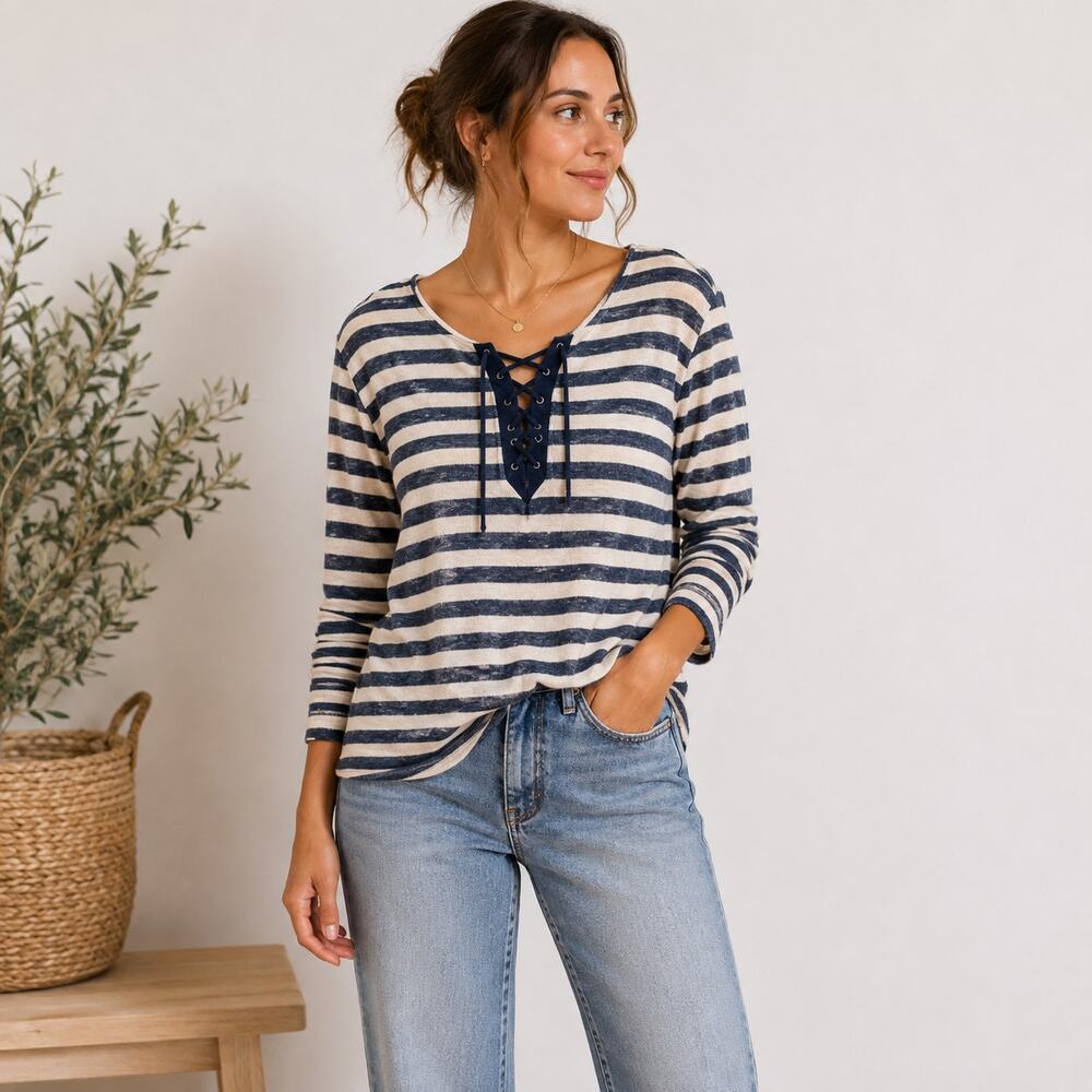Lauren Ralph Lauren Striped Thermal Knit Shirt Navy/Cream Tie String Womens Sz L